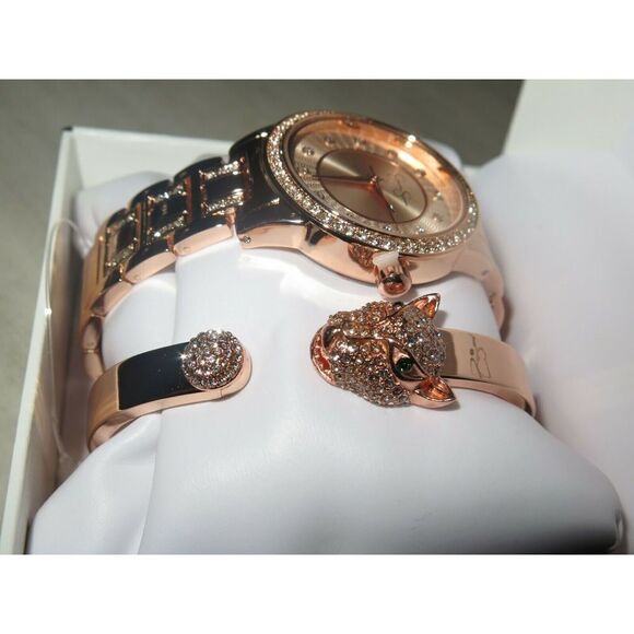 Jessica Simpson JSB8002RG Rose Gold Watch w/ Panther/Tiger Bracelet Crystal Pave - Picture 9 of 12